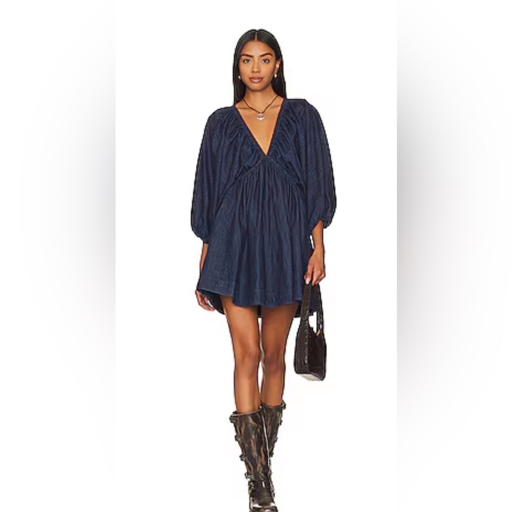 Free People Portia Denim Mini Dress In Indigo Dark Rinse size Small Petite